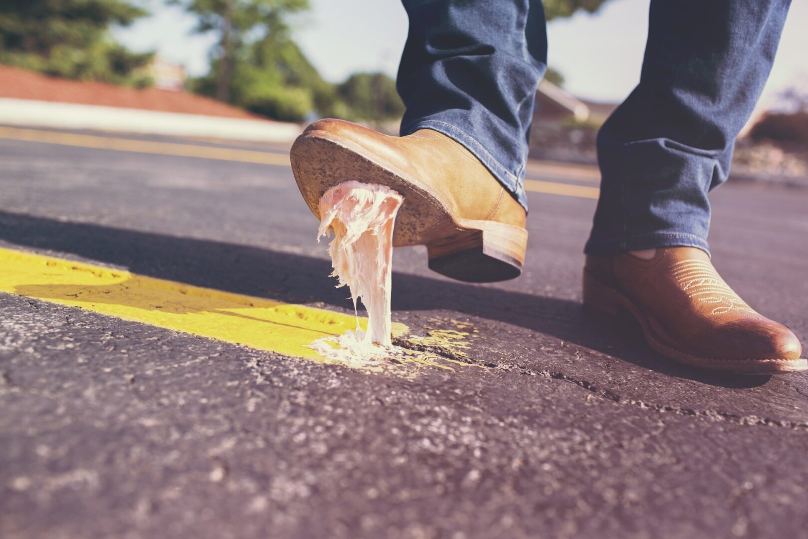 Gum on the bottom of a shoe
