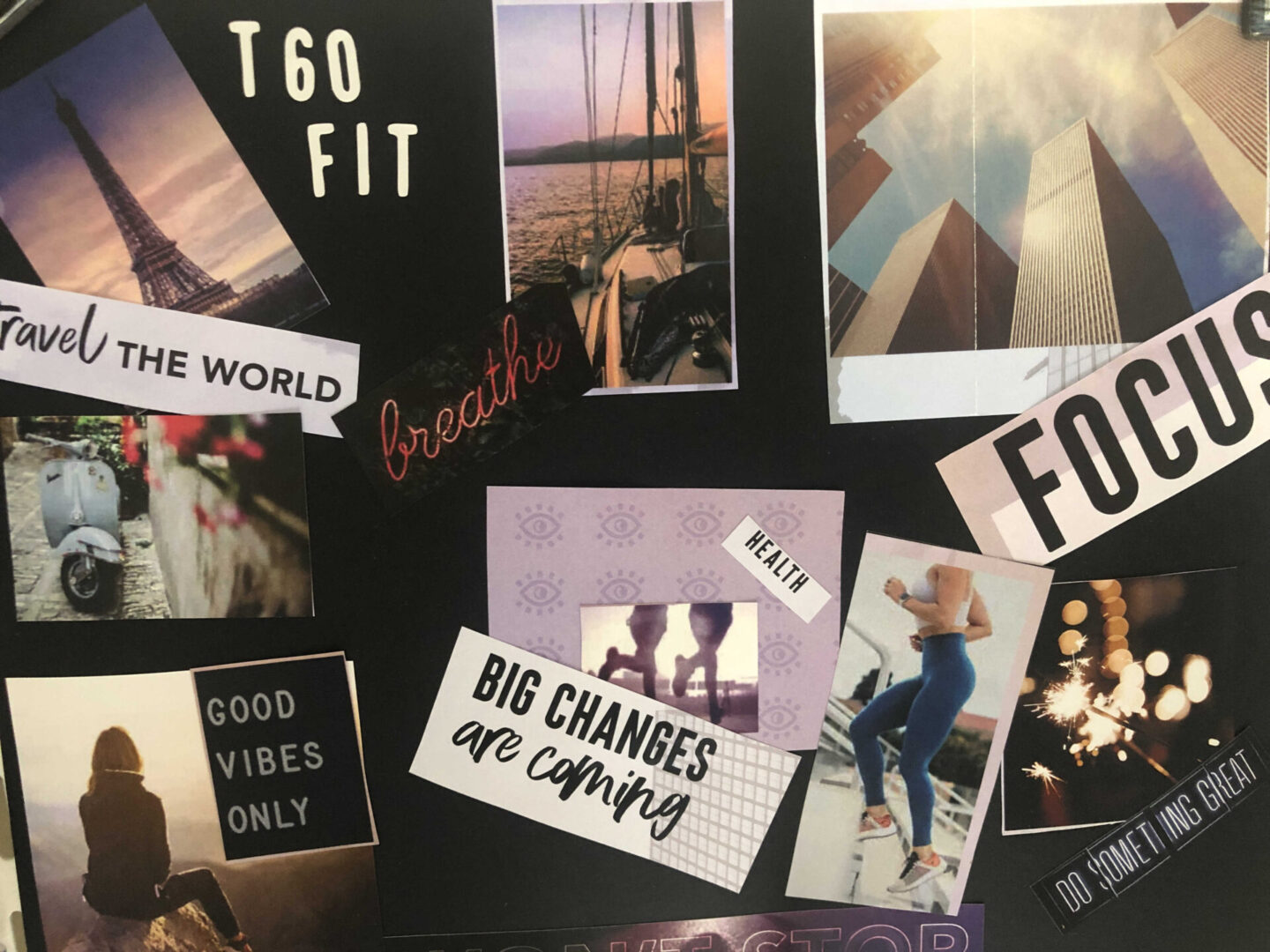 Vision board with pictures of fitness and peacefulness